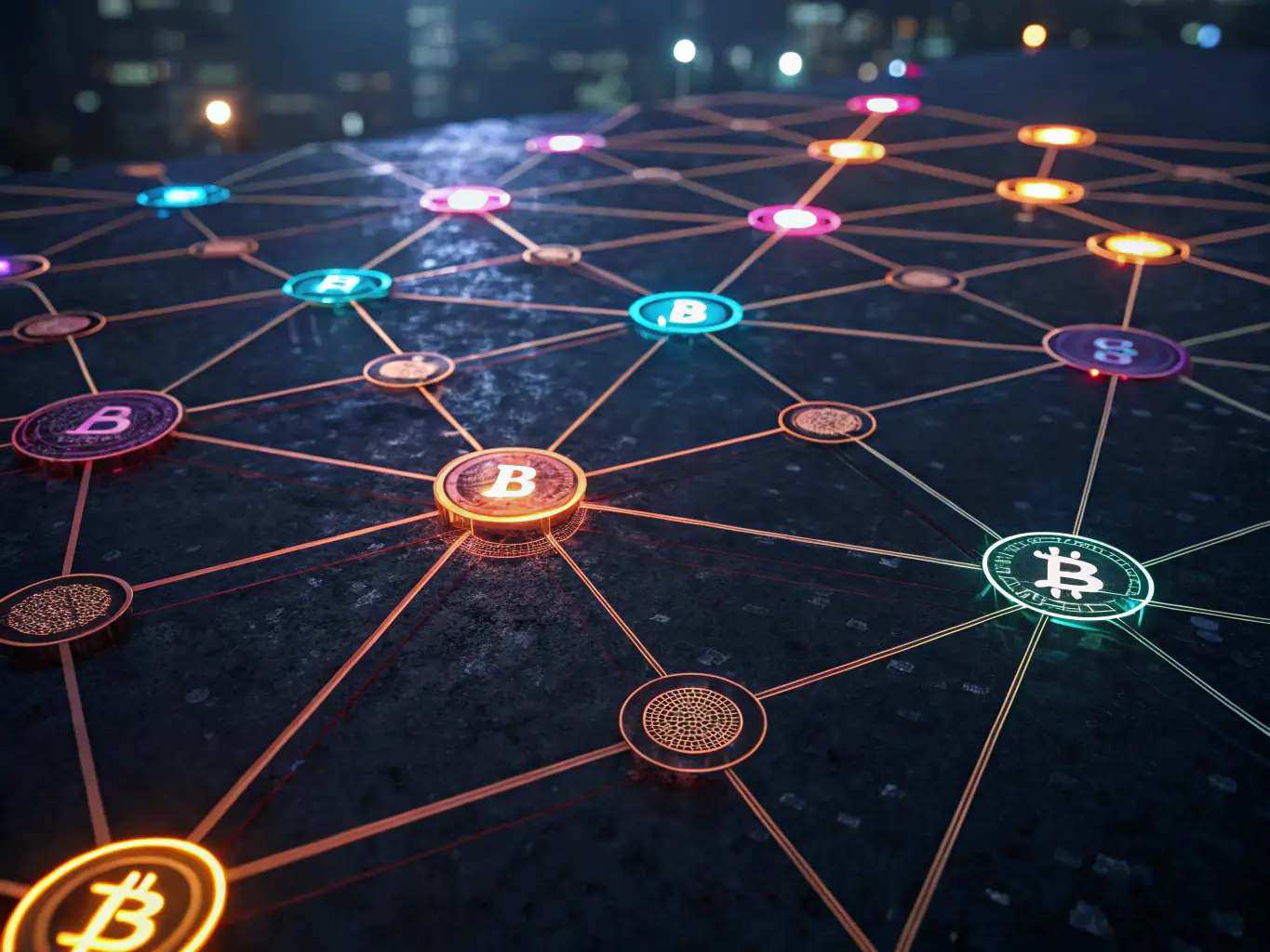 An illustration of a blockchain network with interconnected nodes representing a Web3 ecosystem, showcasing Yield Mind's strategic advice for Web3 projects.