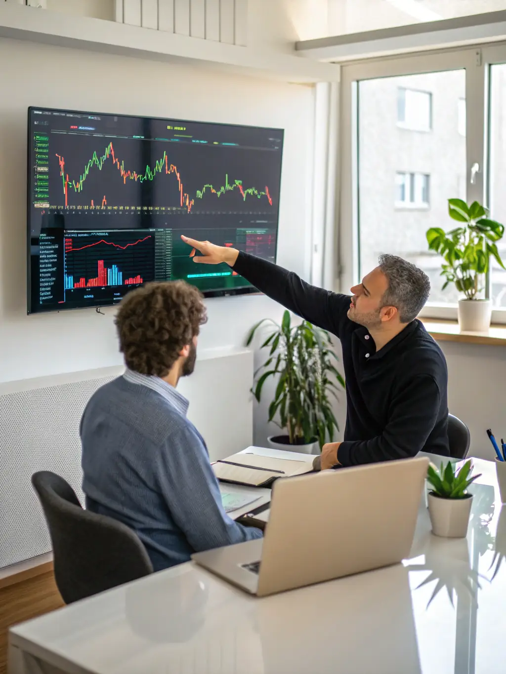 A professional financial advisor reviewing a diversified crypto portfolio on a digital tablet, representing Yield Mind's Crypto Portfolio Management.