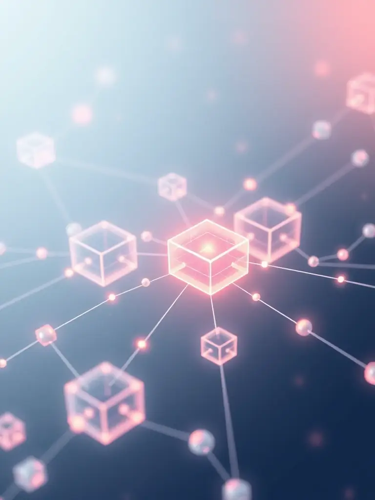 An illustration of a blockchain network with interconnected nodes representing a Web3 ecosystem, symbolizing Yield Mind's Web3 Project Consulting.