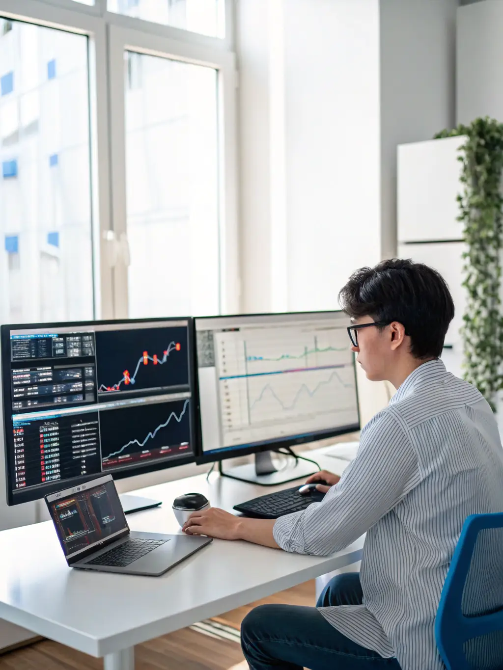 A crypto portfolio manager analyzing market data on multiple screens, highlighting the use of analytical tools and institutional-grade strategies.