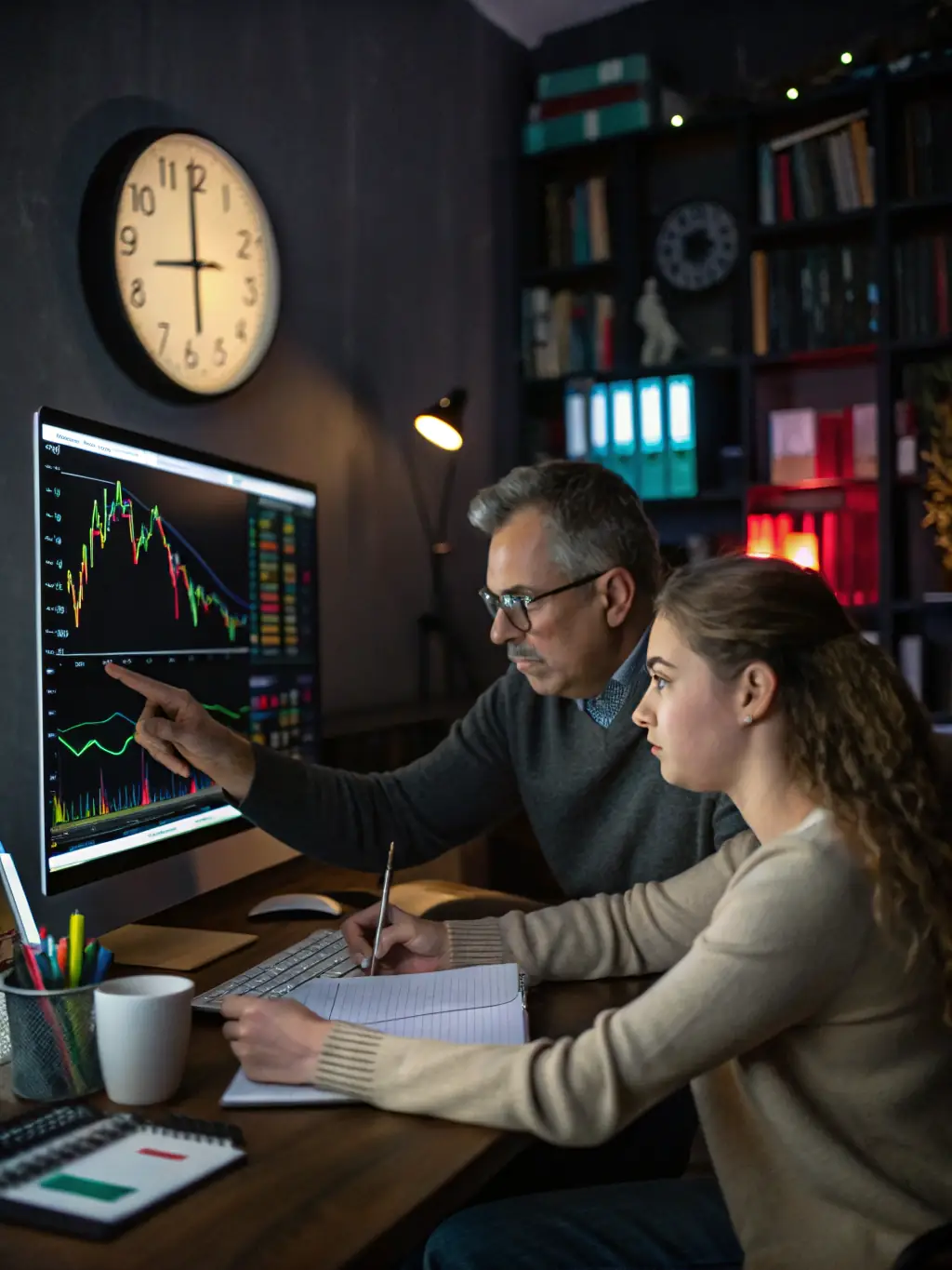 A mentor guiding a group of traders through a digital trading platform, illustrating Yield Mind's Advanced Training & Mentoring.