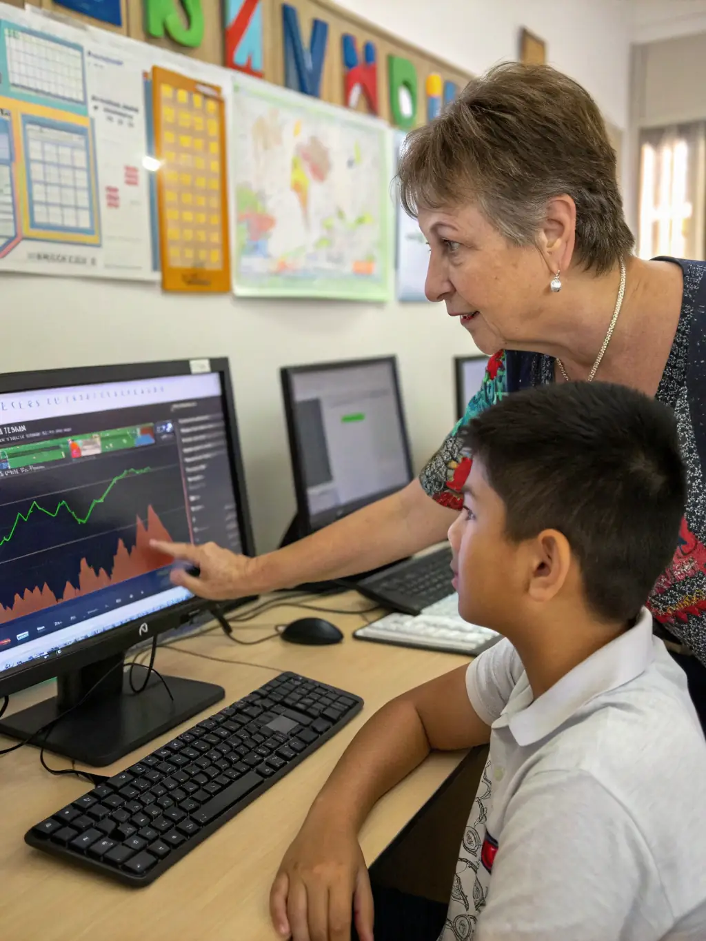 A mentor guiding a student through advanced trading techniques and risk management in a DeFi training program.